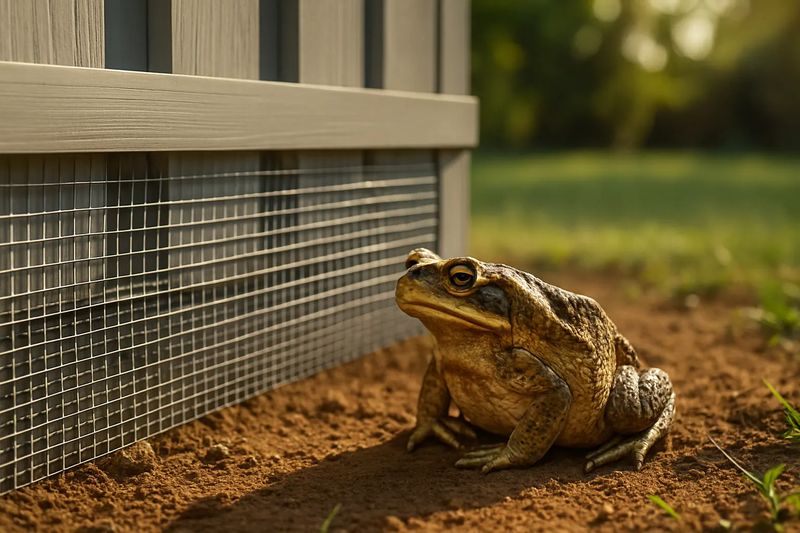 A cane toad beside a barrier along the base of a house