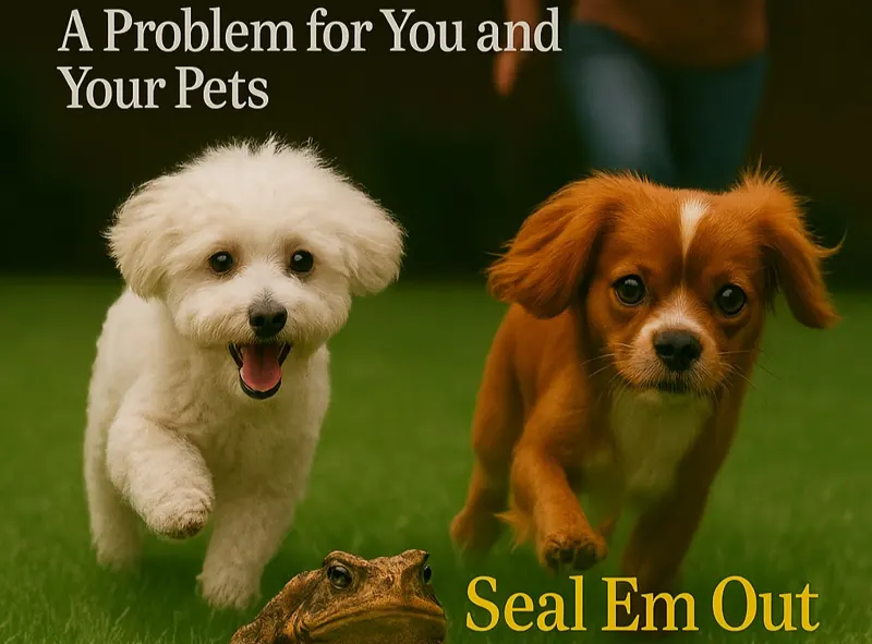 Two dogs running toward a cane toad in a yard